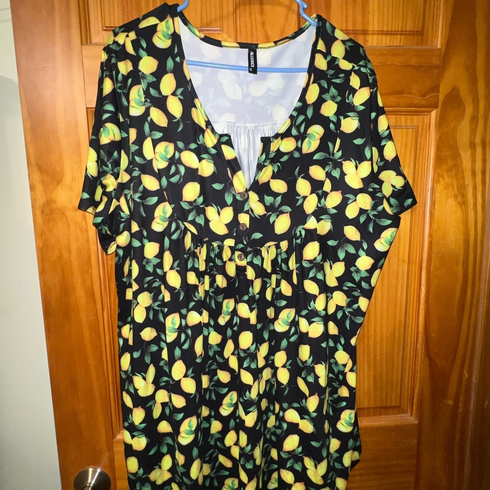 Allegra K Black Lemon Print Blouse